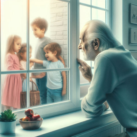 The old man looks out the window at the children playingの素材