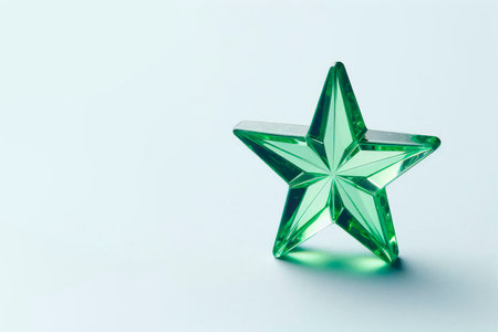 Green glass star on a light background. Space for textの素材