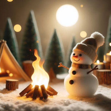 A snowman by a fire in the forest in winterの素材