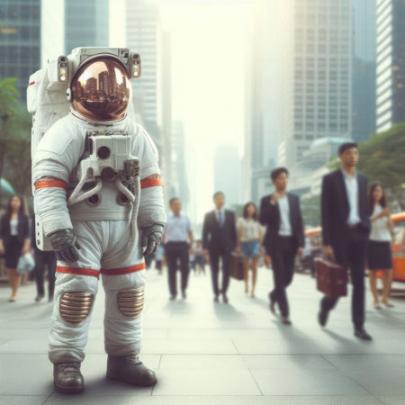 An astronaut in the city, loneliness among the crowdの素材