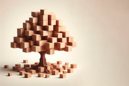 A tree made of wooden cubes on a light background. Space for textの素材