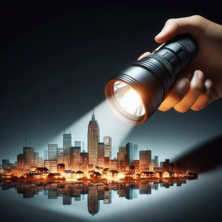 A lantern illuminates a miniature city against a dark backgroundの素材