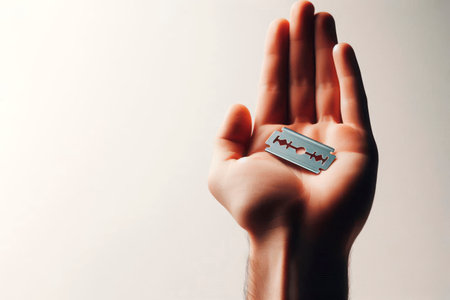 Razor blade in hand. Space for textの素材