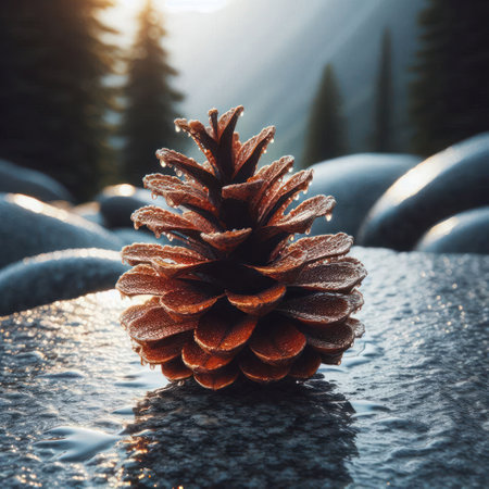 A cone on a wet stone in the forestの素材