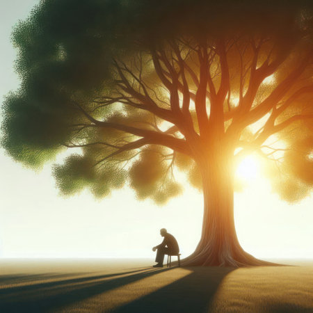 Man sitting under a tree at sunset, away from the hustle and bustleの素材