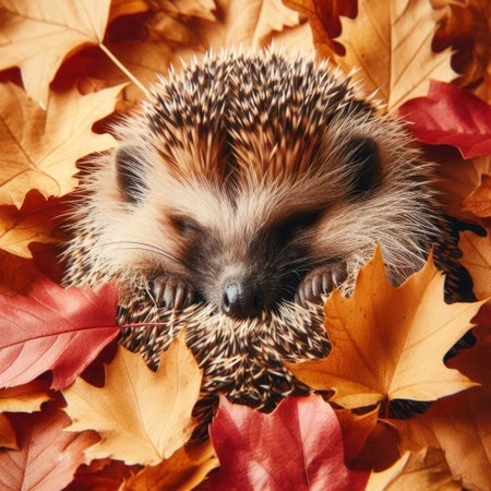 The hedgehog sleeps in autumn leaves, comfort and silenceの素材