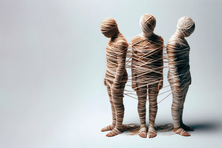 People tied together with balls of thread, symbolizing limitations. Space for textの素材