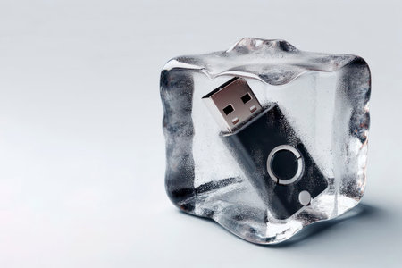 A flash drive inside an ice cube. Space for textの素材