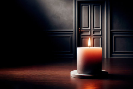 A lonely candle burns in a dark room in front of a closed door. Space for textの素材