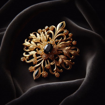 A gold brooch with a black stone on velvetの素材