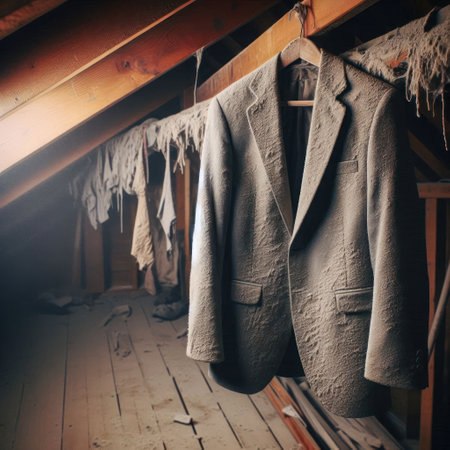 An old, dusty jacket hanging in the attic. Space for textの素材