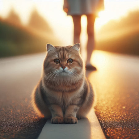 A cat sits on the road against the background of a sunsetの素材