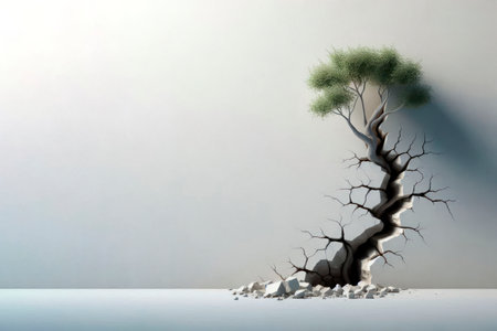 A tree growing through a crack in the wall is a symbol of life. Space for textの素材