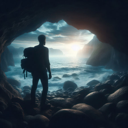 A traveler at the exit of a cave, looking at the sunset over the oceanの素材