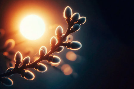 A twig with fluffy buds against the background of the setting sun. Space for textの素材