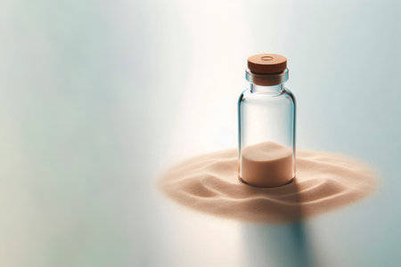 Glass bottle with sand on the surface. Space for textの素材