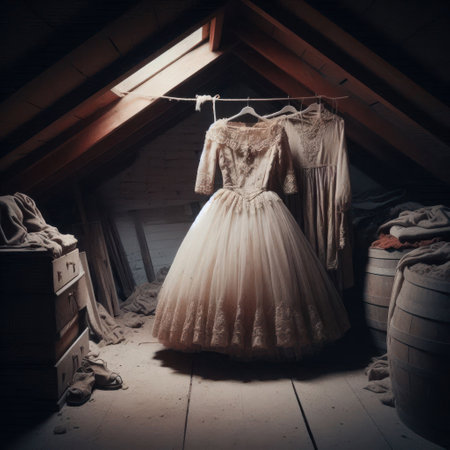 An old wedding dress in a dusty atticの素材