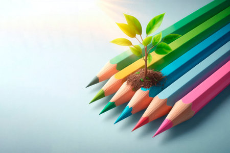 A young plant growing on top of colored pencils. Space for textの素材