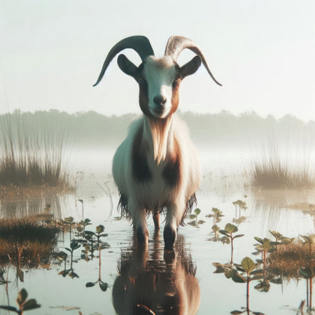 A goat stands in the water against the background of a foggy lakeの素材