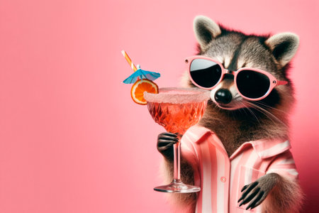 Raccoon wearing sunglasses and holding a cocktail on a pink background. Space for textの素材