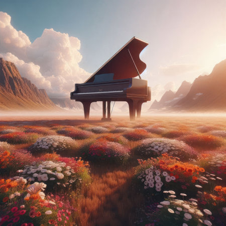 A grand piano in the middle of a flowering fieldの素材