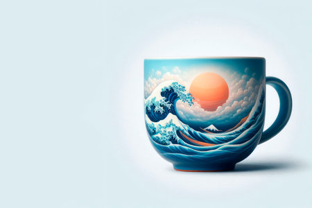 A sea wave and a sunset depicted on a cup. Space for textの素材