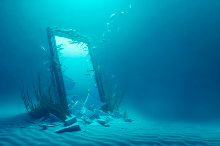 A broken mirror under water, a symbol of shattered illusions and deep thoughts. Space for textの素材