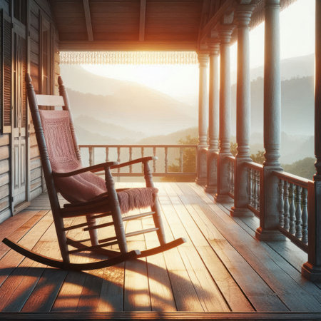 The silence of the morning on the veranda, a rocking chair in the rays of dawnの素材