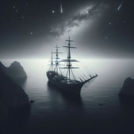 A lonely ship under the starry skyの素材