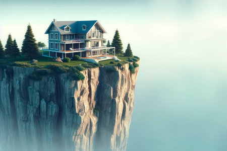 A house on the edge of a cliff, life on the verge of an abyss. Space for textの素材