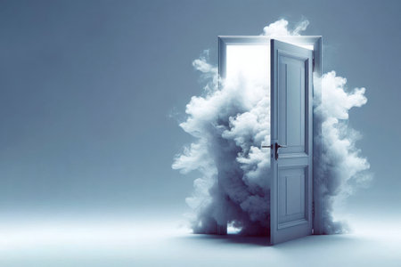 Smoke coming out of an open door. Space for textの素材