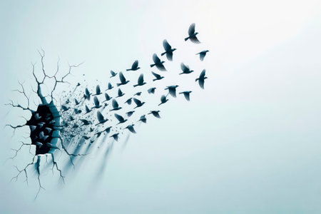 Birds flying out of a crack in the wall. Space for textの素材