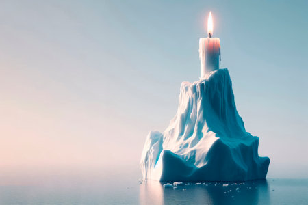 A burning candle on top of an iceberg in the middle of the sea. Space for textの素材
