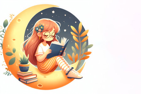 A girl reading a book sitting on the moon. Space for textの素材