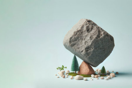 A huge stone balancing on a small tree. Space for textの素材