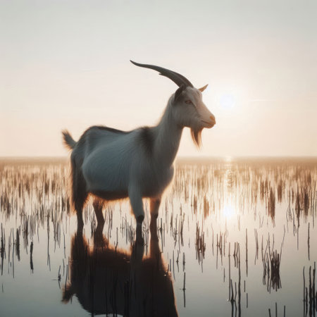 A goat standing in a swamp against the background of the sunsetの素材