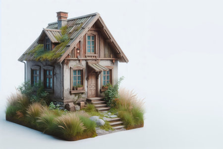 An old house with a moss-covered roof on a light background. Space for textの素材