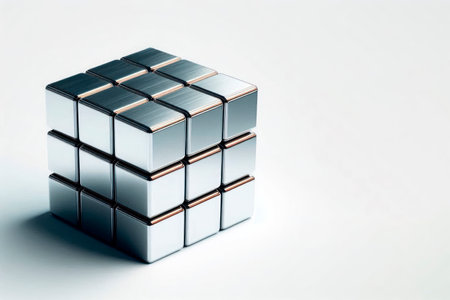 A metal cube that resembles a puzzle. Space for textの素材