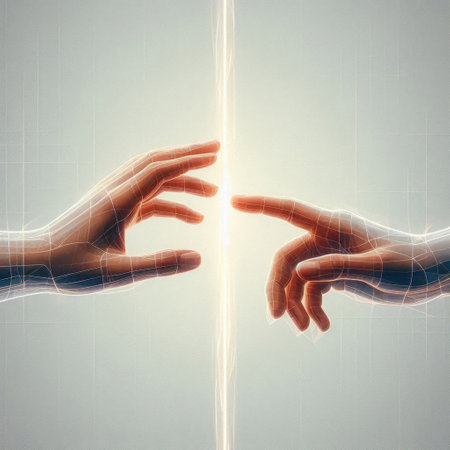 Digital hands reaching out to each other through the light. Space for textの素材