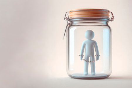 A man in a bank with handcuffs. Space for textの素材