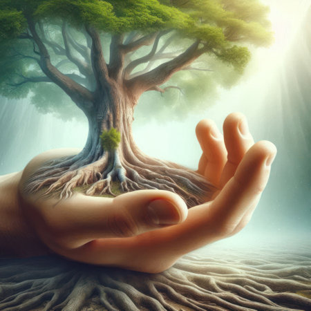 A tree in the hands as a symbol of life and careの素材