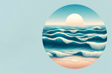 Image of a seascape in a round frame against the background of a sunset. Space for textの素材