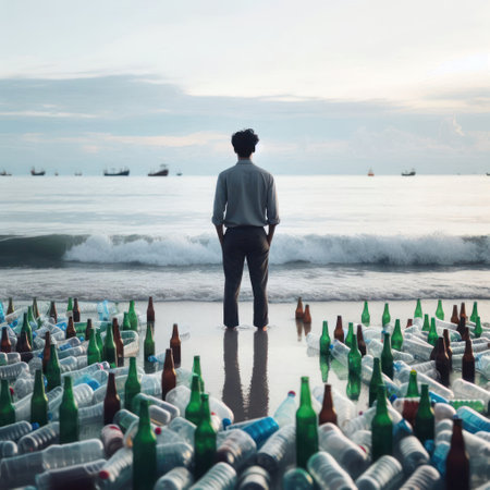 A man on the shore by the ocean, covered with plastic and glass bottlesの素材