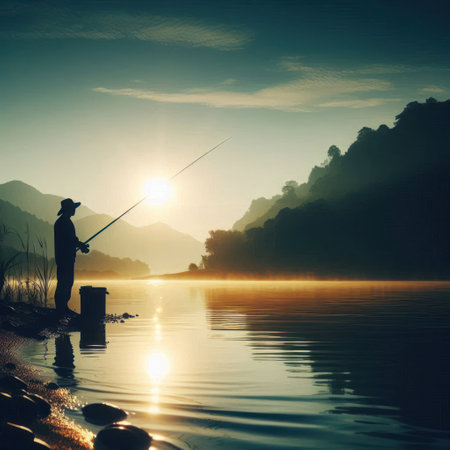 Morning fishing on the river at sunriseの素材