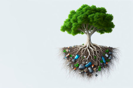 A tree with roots in which garbage is entangled. Space for textの素材
