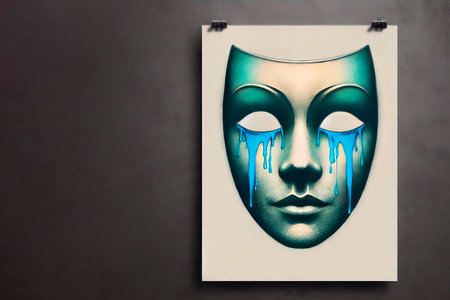 A mask with painted tears as a symbol of sadness. Space for textの素材