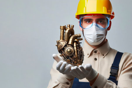 A mechanical heart in the hands of an engineer. Space for textの素材