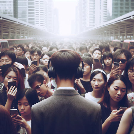 A man in headphones among a crowd of people with phonesの素材