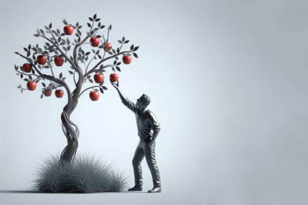 Metal tree with apples as a symbol of choice. Space for textの素材