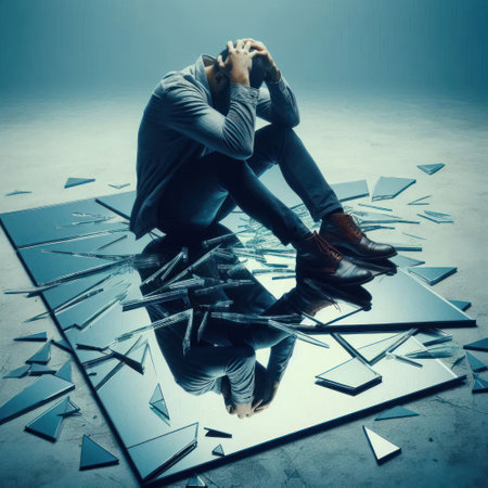 A man sits among the shards of a broken mirrorの素材
